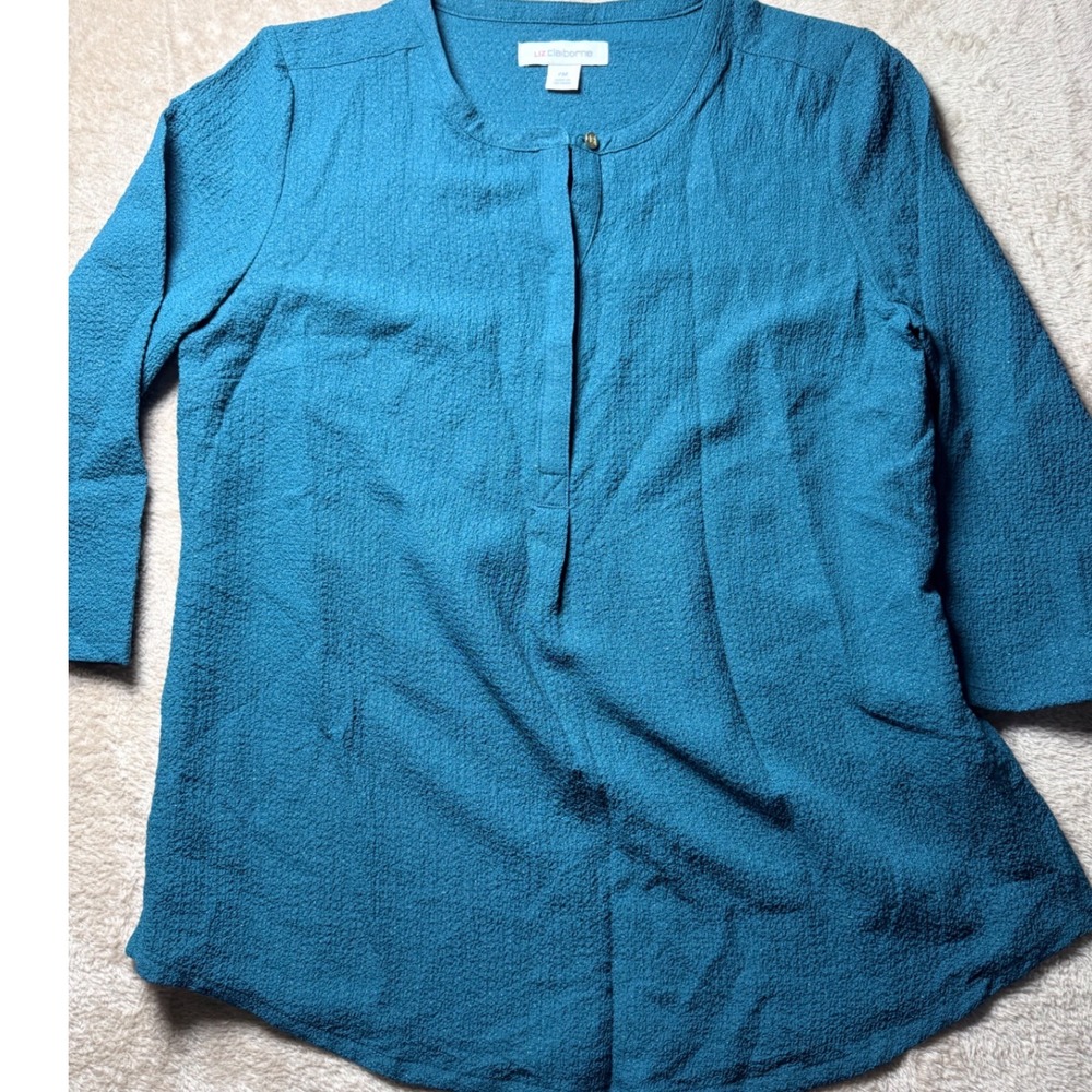 Liz Claiborne Teal Blue‎ Crinkle Shimmer Blouse Split Neck  PM Layering